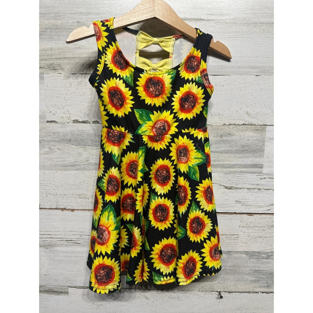 Boutique Sunflower Skater Dress Girls 2T Black Yellow Bow Back EUC
